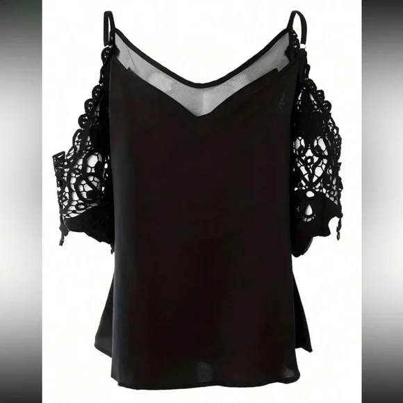 Boho Sheer Mesh Crochet Lace Cold Off Shoulder Top Blouse Shirt Black New - Picture 2 of 3